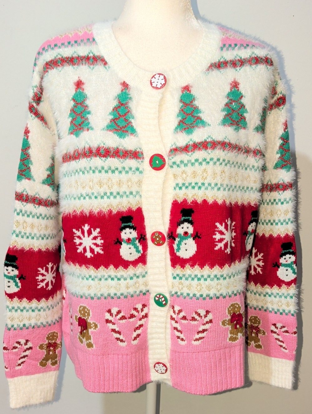 32 Degrees Women's White Pink Red & Green Holiday Cardigan
